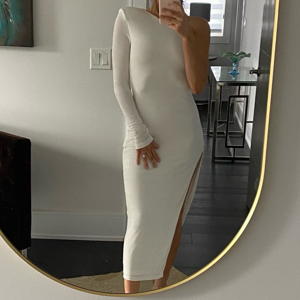 White asymmetrical long sleeve dress